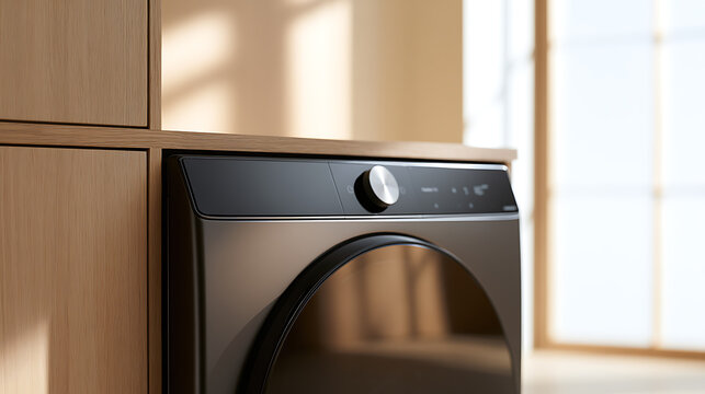 Modern laundry appliance installed inside stylish wooden cabinet in bright domestic interior with natural light and minimalist aesthetic design