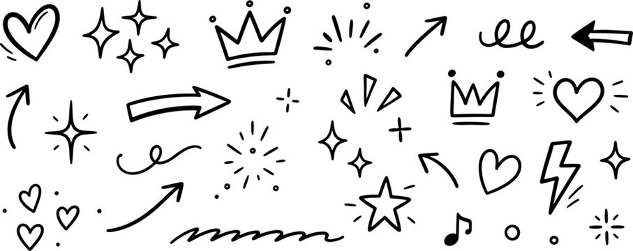 Hand Drawn Black and White Doodle Set with Hearts, Crowns, Sparkles, Stars, Arrows, Lightning and Music Notes