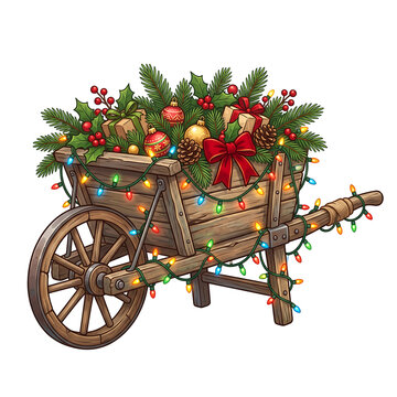 Rustic wooden wheelbarrow filled with Christmas decorations and colorful fairy lights