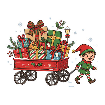 Christmas elf pulling a vintage red wagon filled with wrapped holiday gift boxes