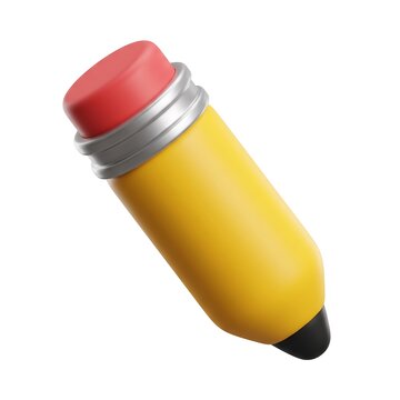 Yellow pencil with red eraser tip rendered in 3D style isolated on a white background school pencil isolated