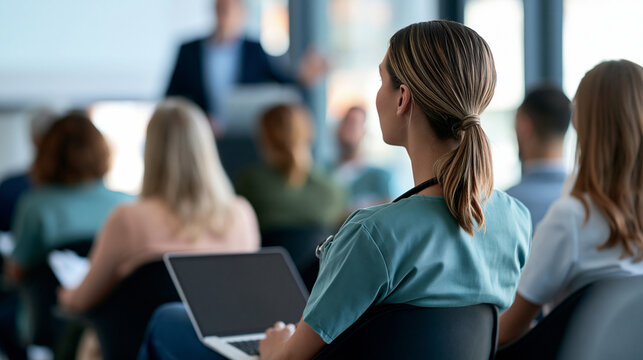 Faceless doctors and students attending professional re-qualification seminar in modern hospital hall, defocused clinical continuing education, professional development, with copy
