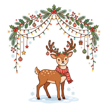 Cute Christmas deer with scarf under festive holiday lights and pine garland arch