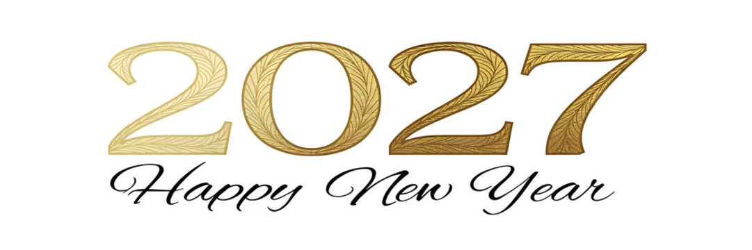 Decorative 2027 happy new year text with intricate golden leaf pattern texture on the numbers isolated on a white background, for greeting