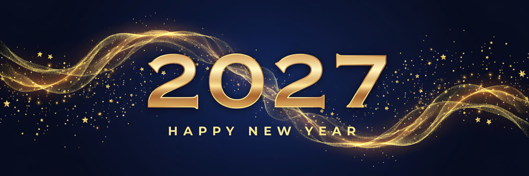 Happy new year 2027 greeting with gold metallic numbers and flowing light waves with sparkling stars on a deep navy blue background banner