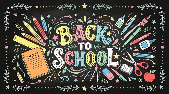 Back to school chalkboard design with colorful hand drawn stationery items and decorative lettering for educational posters