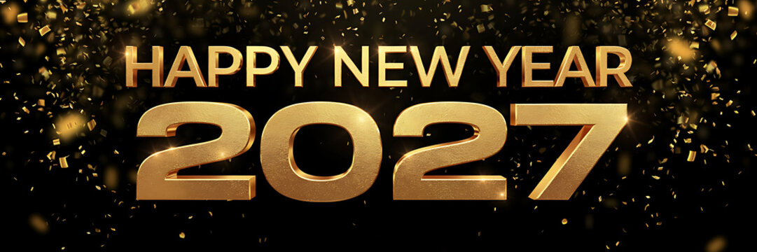 Happy new year 2027 greeting with large metallic gold numbers and falling confetti particles on a dark black background, for celebration