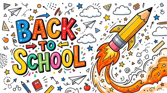 Colorful back to school background with a hand drawn rocket pencil and various educational doodle icons