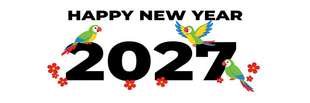 Happy new year 2027 greeting card with colorful parrots and red flowers on a white background, style