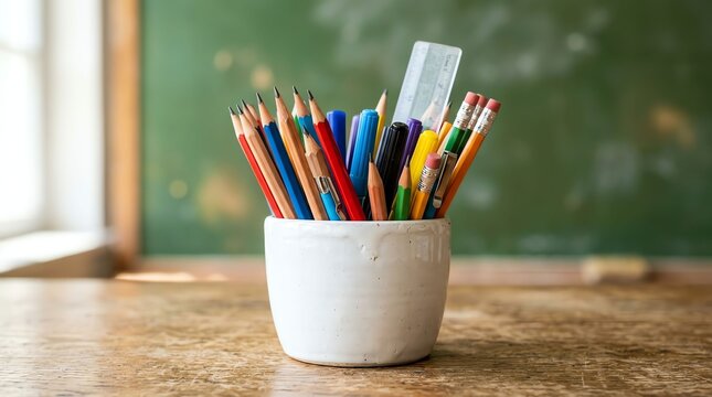 A white cup filled with colorful pencils and a plastic ruler sitting on a wooden classroom desk