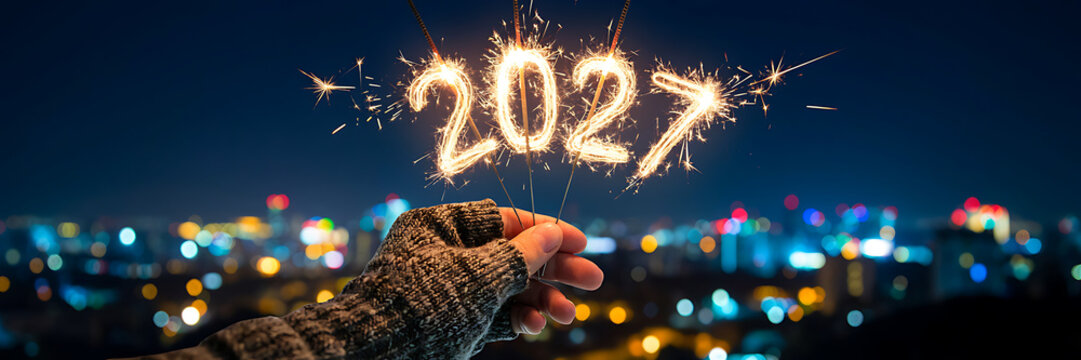 A hand wearing a knitted glove holding sparklers shaped into the number 2027 against a blurred city night background, with colorful bokeh