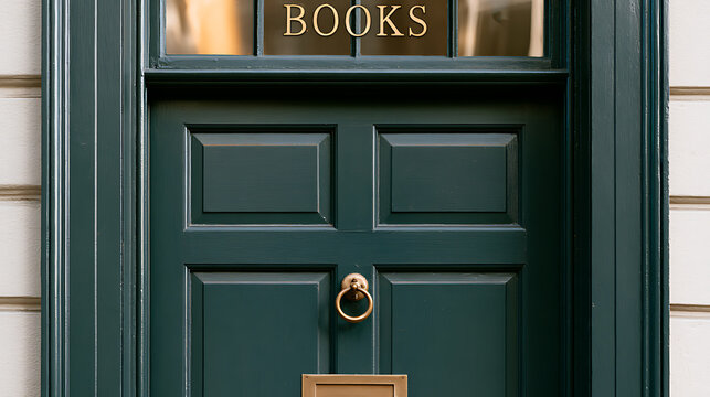 Charming dark green wooden bookstore entrance door with classic architectural detail, brass knocker, and glass transom window overhead