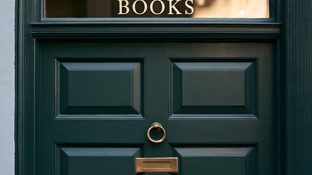 Charming dark green wooden entrance door to an independent bookstore with a glass transom window and brass hardware details for cozy street