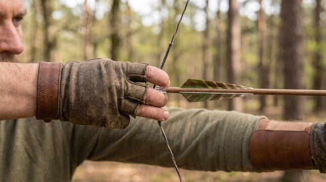 Close up of archer hand in glove pulling bowstring with arrow focused on target in forest.