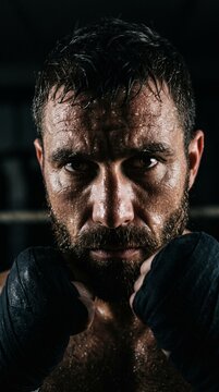 Intense close up portrait of sweaty male boxer looking at camera in dark gym environment.