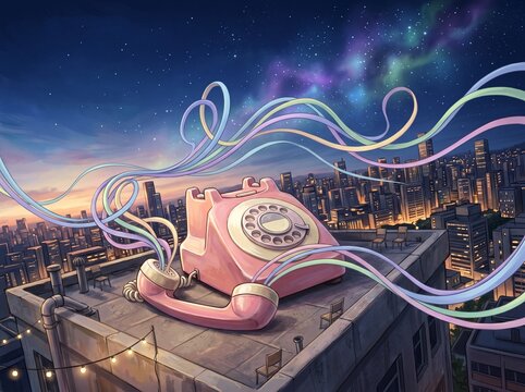 Telefono rotativo vintage con ondas de sonido en cintas de colores