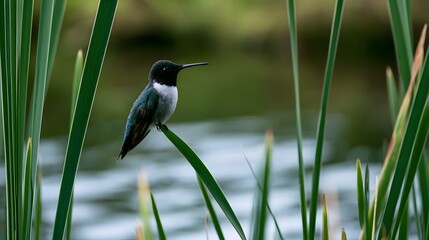 Fototapeta premium A small hummingbird perches delicately on a green reed stem beside a calm body of water with soft blurred foliage in the background