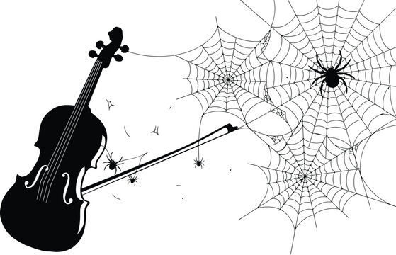 Black and white of a violin and bow with spider webs and spiders creating a spooky or gothic musical atmosphere on white
