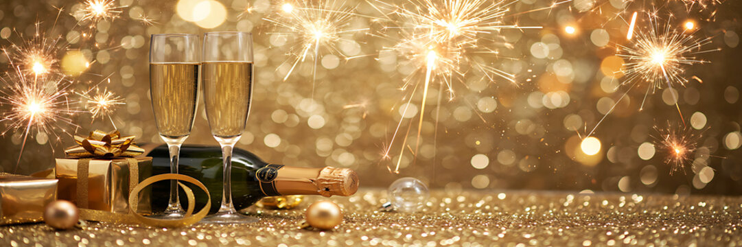 Two champagne flutes and a bottle with gold gift boxes and ribbons on a sparkling gold background, with bright festive, fireworks and bokeh lights