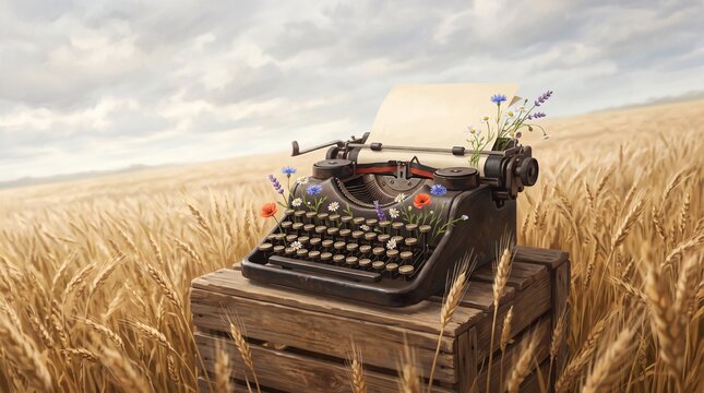 Concepto surrealista con maquina de escribir antigua con flores
