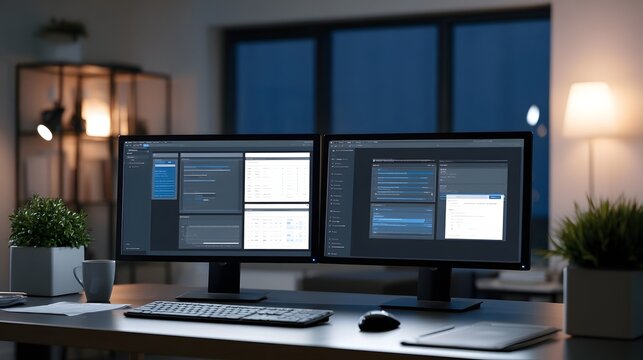 Modern dual monitor workstation setup with professional software interfaces under warm ambient lighting in a contemporary office space