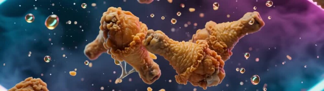 Fast food marketing and culinary advertising crispy fried chicken drumsticks floating in mid-air with crumbs high-speed for restaurant menu promotion.