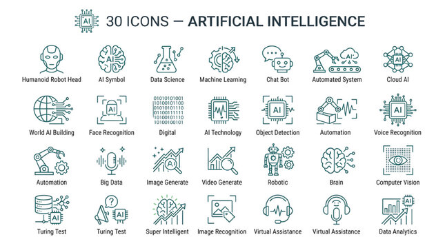 Set of 30 artificial intelligence and machine learning line icons, including robotics, neural networks, data analysis, and automation technology elements