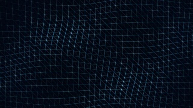Abstract blue wireframe wave loop background with glowing digital grid lines moving in dark virtual space.