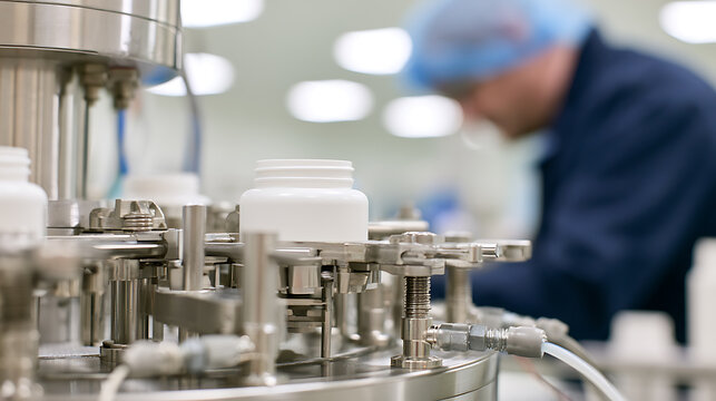 Industrial manufacturing facility producing white plastic bottles on automated machinery line with operator worker in the medical science lab