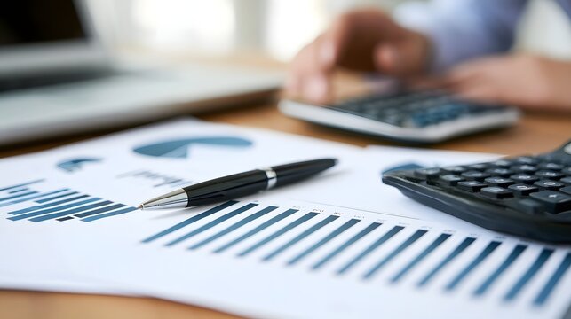 A close up view of a desk with financial charts  a pen  and a calculator  with hands working in the background