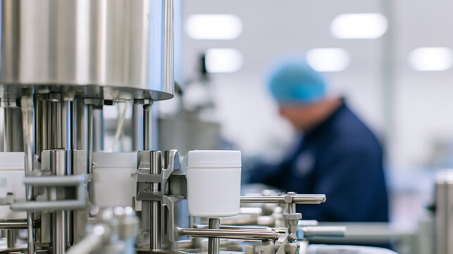 Advanced pharmaceutical manufacturing line with sterile stainless steel machinery and an operator worker in a cleanroom plant environment background