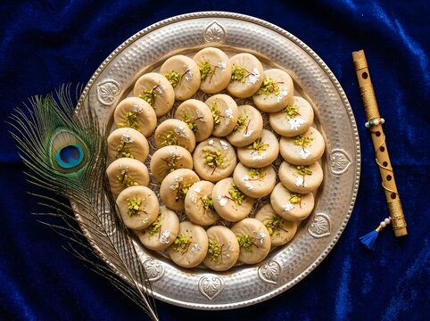 Traditional Indian peda sweets garnished with pistachios and saffron.