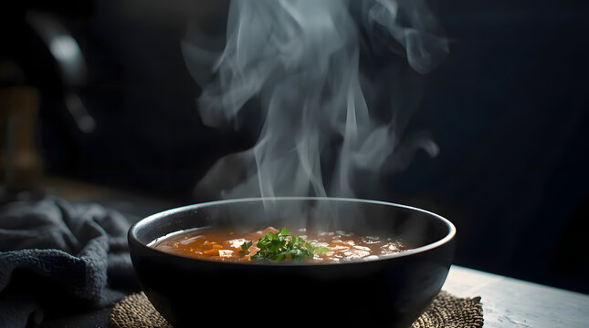 Steaming hot soup in a black bowl on a dark background
