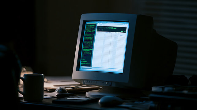 Vintage computer monitor glowing in a dark room with code on display, retro technology setup on office desk for software developer theme