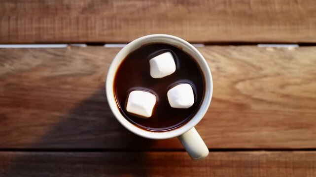 White ceramic mug of dark hot drink with three floating marshmallows slowly rotates on rustic wooden tabletop, viewed directly from above with soft natural light and warm brown tones