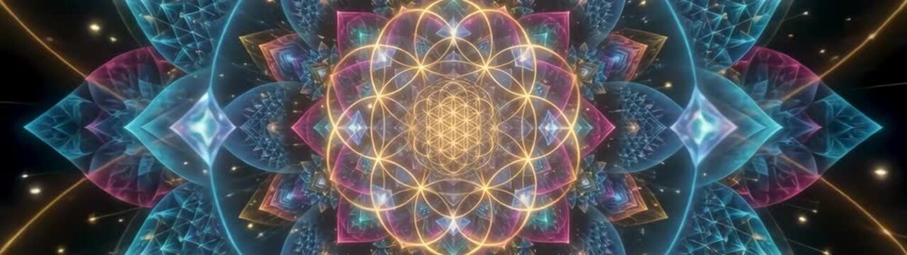 Sacred geometry and mindfulness meditation concept glowing flower of life pattern with ethereal light particles spiritual awakening and consciousness expansion background.