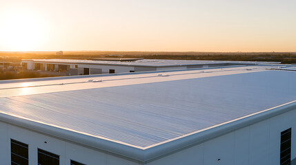 Obraz premium Industrial warehouse rooftop view at sunrise with modern commercial architecture, metal panel roof design and urban horizon landscape