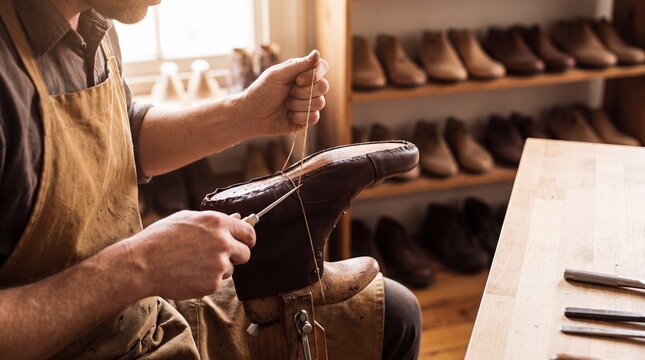 Shoemaker Hand-Stitching a Leather Shoe on a Cobblers Last