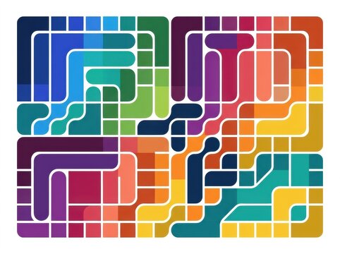 Abstract geometric pattern with rounded shapes and vibrant gradient colors, modern artistic composition with flowing lines and modular blocks