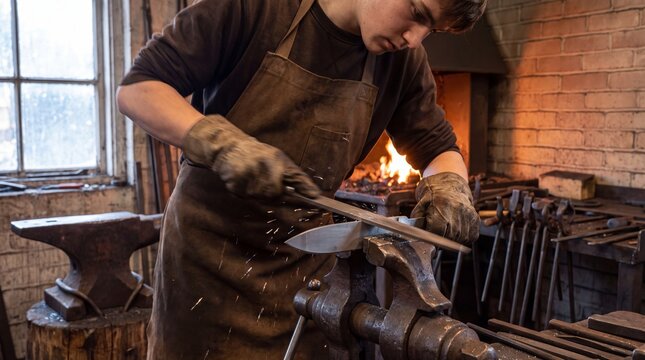 Blacksmith's Apprentice Filing the Edge of a Freshly Forged Knife