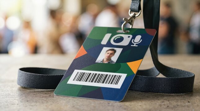 Close up of a press pass badge with barcode. Media credential card with lanyard on a table. Journalism and event access concept