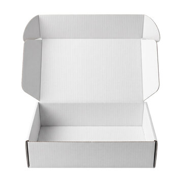 Open white corrugated mailer box awaits shipping items inside.