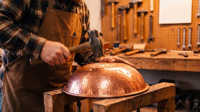 Coppersmith Hammering a Decorative Pattern into a Copper Bowl