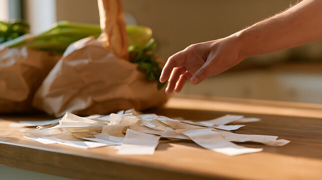 Close up of person hand reach for grocery store receipt paper bills on wooden table with paper bag and food in background in kitchen room