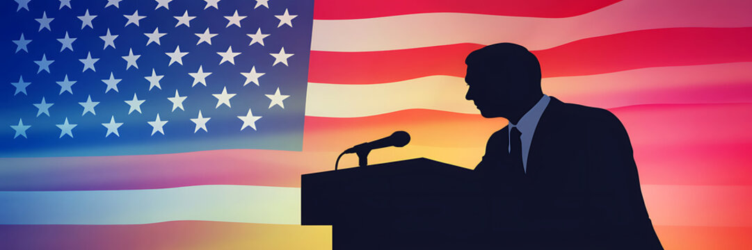 Silhouette of a person speaking at a podium with a microphone in front of a large, waving american flag background, with warm lighting