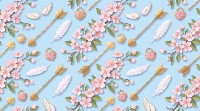 Seamless pattern of golden cupid arrows pink cherry blossoms angel wings and feathers in paper cut style on pale blue background