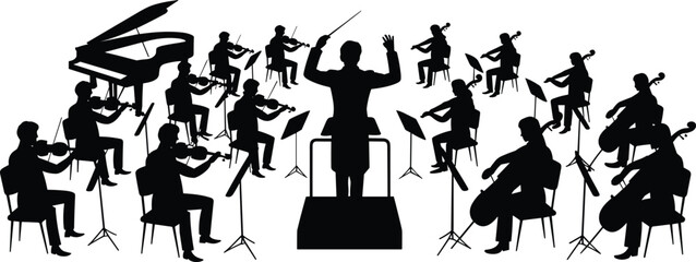 Classical symphony orchestra music performance with conductor grand piano and musicians playing string instruments in black silhouette © mdtanjimul