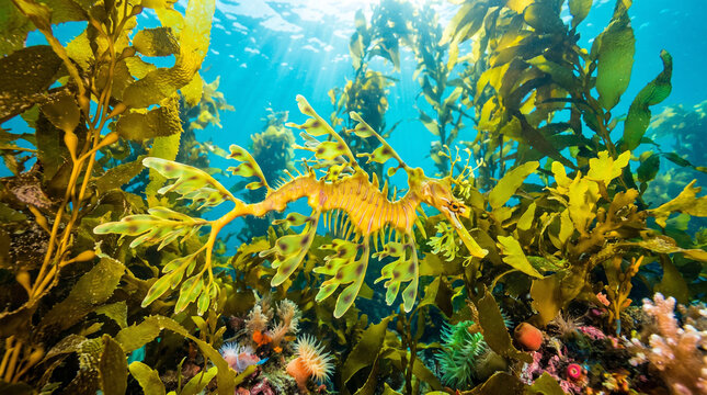 Breathtaking underwater stock photography of a Leafy Seadragon perfectly camouflaged among vibrant green and yellow seaweed in a sunlit ocean kelp forest environment.