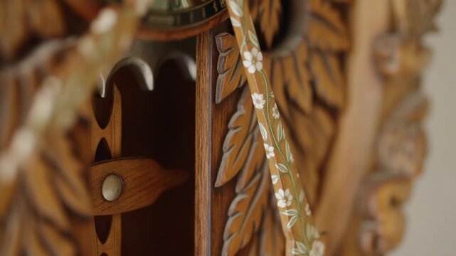 Ornate wooden clock pendulum swings gently beside carved leaf details and a narrow floral painted rod, shown in warm close-up with shallow focus and intricate handcrafted textures