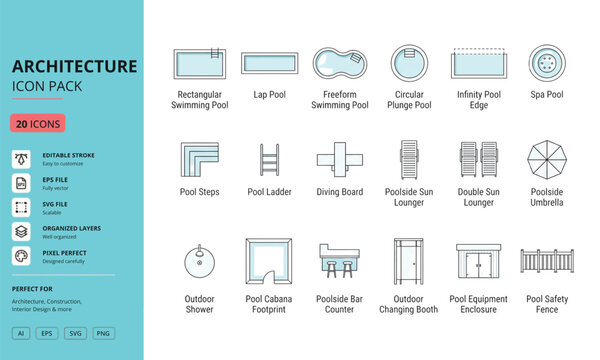 Swimming Pool and Outdoor Recreation Symbols Icon Set &ndash; CAD Landscape Plan Elements
